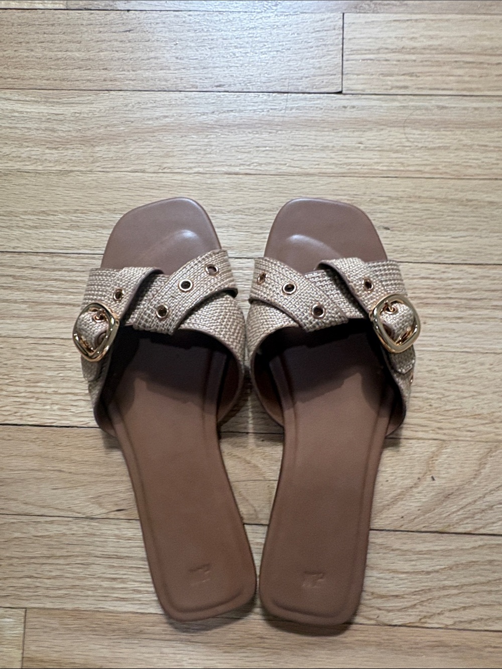 Woven Buckle Slide Sandals - Brown